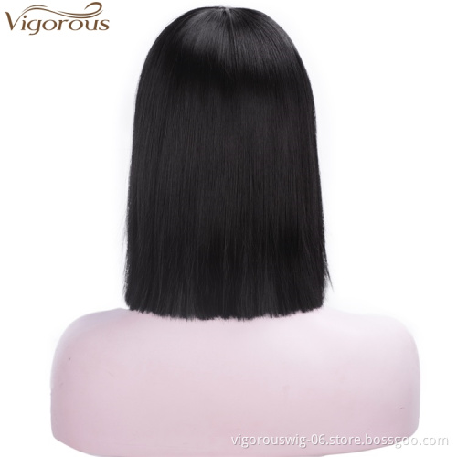 Vigorous 14 inches Cheap Short Straight Black Bob Hair Wig Synthetic Wigs With Neat Bang for Black Women HighTemperature